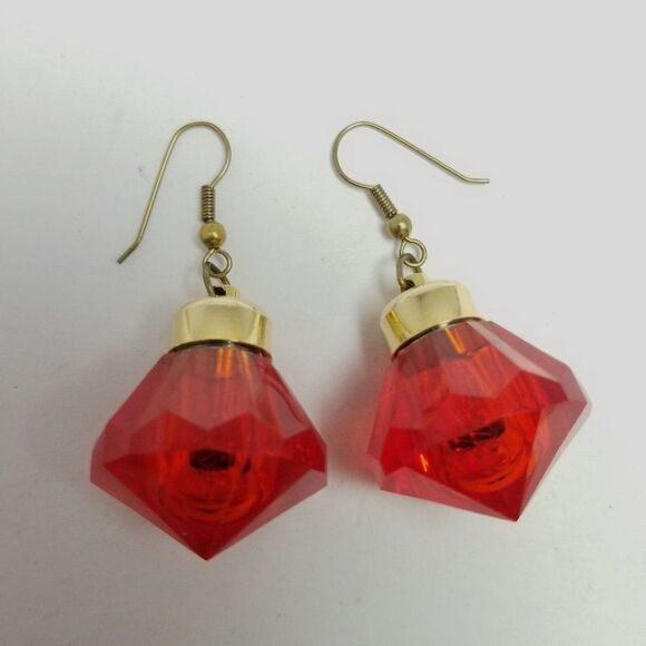 Vintage Bright Red Dangle Earrings, Christmas Ornament Style Shape, Plastic - Picture 5 of 6